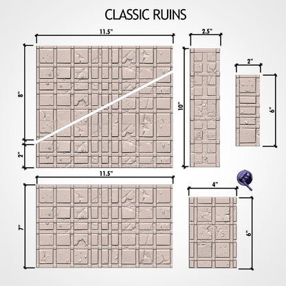 a collection of four different sections or pieces of a larger structure, each with its own unique design and measurements. The text "CLASSIC RUINS" is visible, indicating that these are classic ruins. The image is not a single, continuous scene but rather a series of separate images that together form a larger composition.
