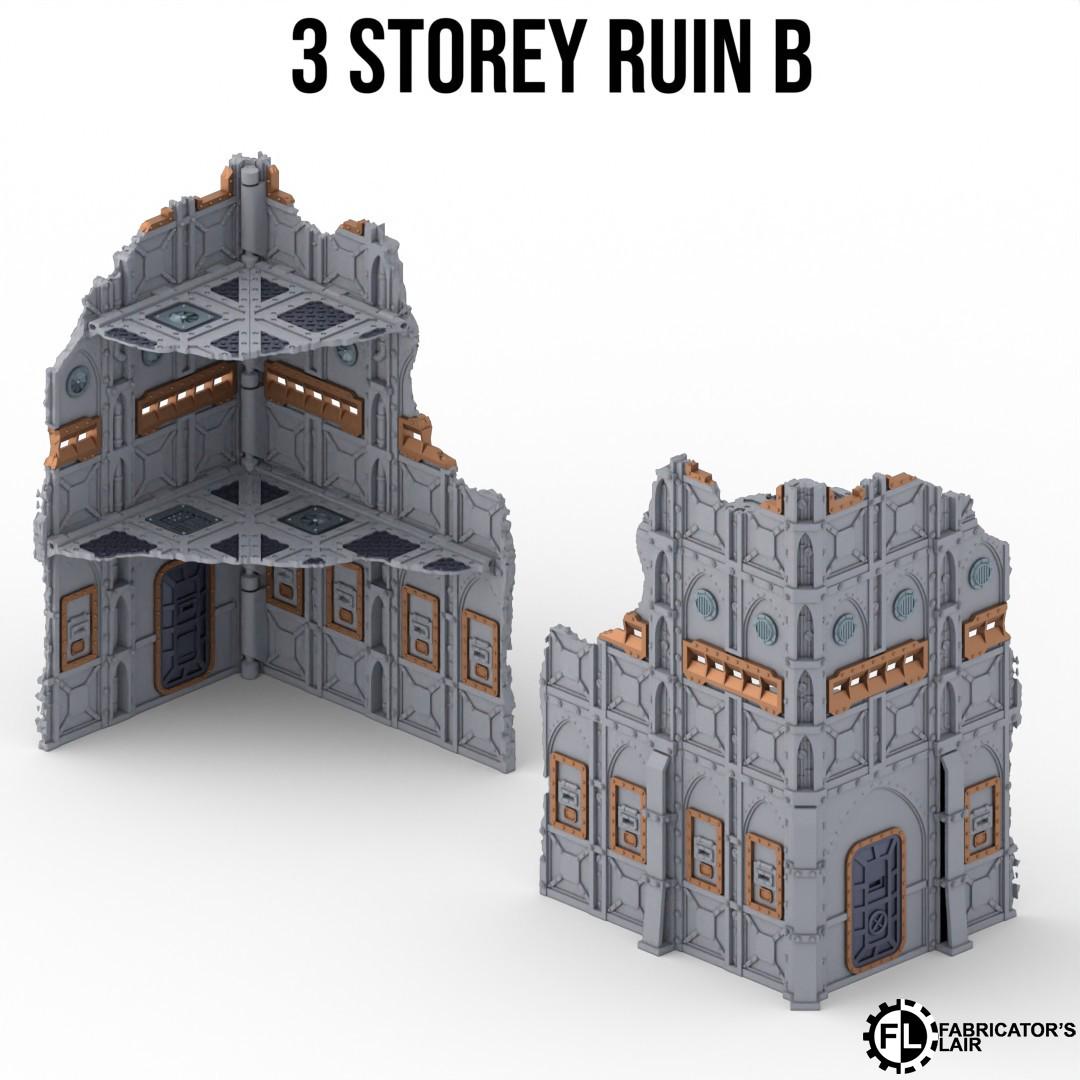 a 3-storey ruin B, which is a 3D model of a damaged building. The ruins are made of gray and orange materials and appear to be in a state of disrepair.