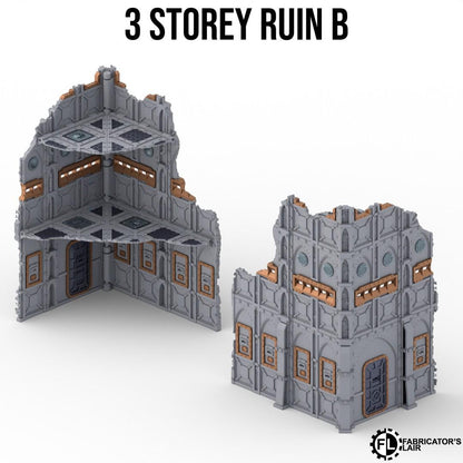 a 3-storey ruin B, which is a 3D model of a damaged building. The ruins are made of gray and orange materials and appear to be in a state of disrepair.