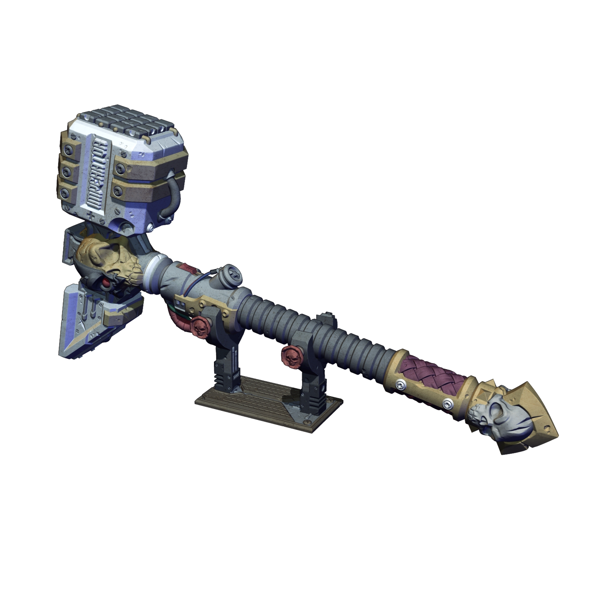 A 3D rendering of a futuristic-looking weapon with a metallic appearance, featuring a combination of gray, blue, and purple colors.