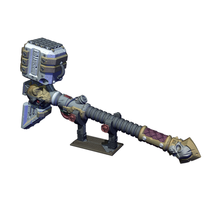 A 3D rendering of a futuristic-looking weapon with a metallic appearance, featuring a combination of gray, blue, and purple colors.