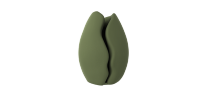 A green, elongated object resembling a flower or seed stands alone against a black background.