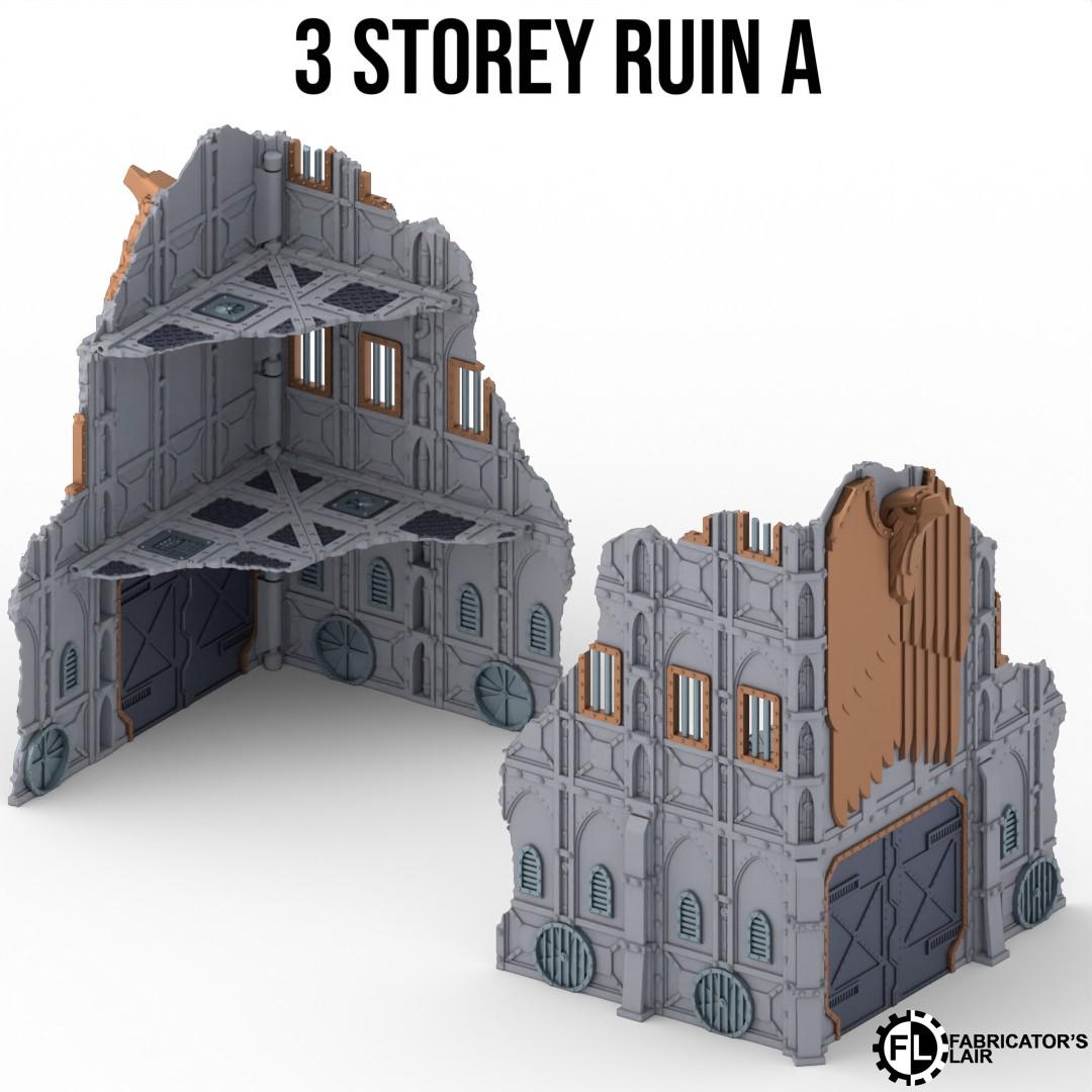 a 3-storey ruin, which is a damaged and destroyed building. The ruins are made of gray and brown materials, giving them a weathered and aged appearance. The ruins are shown in two different angles, providing a comprehensive view of the structure's state of disrepair.