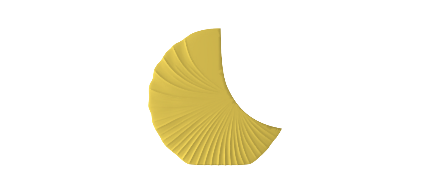A yellow, curved object resembling a seashell or shell is shown against a black background.