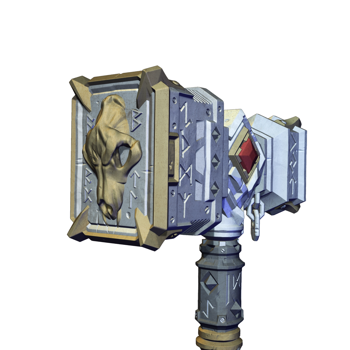 A 3D rendering of a mechanical object with a skull-like face on the front, surrounded by various geometric shapes and patterns.