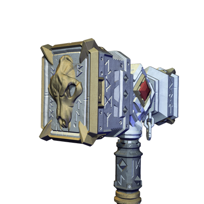 A 3D rendering of a mechanical object with a skull-like face on the front, surrounded by various geometric shapes and patterns.