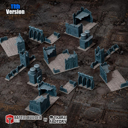 The image is a collage of various miniature structures, including ruins, towers, and other architectural elements, arranged in a chaotic and disorganized manner.
