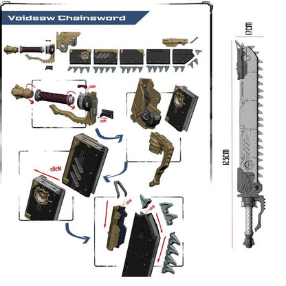 The image is a detailed technical drawing of a chainsaw-like weapon, including various components and parts. The drawing includes a close-up view of the weapon's handle, blade, and other features, as well as a full-body view of the weapon. The image is a technical illustration, providing a clear and detailed representation of the weapon's design and structure.