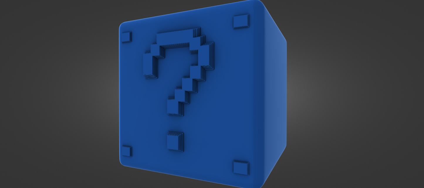 A blue cube-shaped object with a question mark symbol on it.
