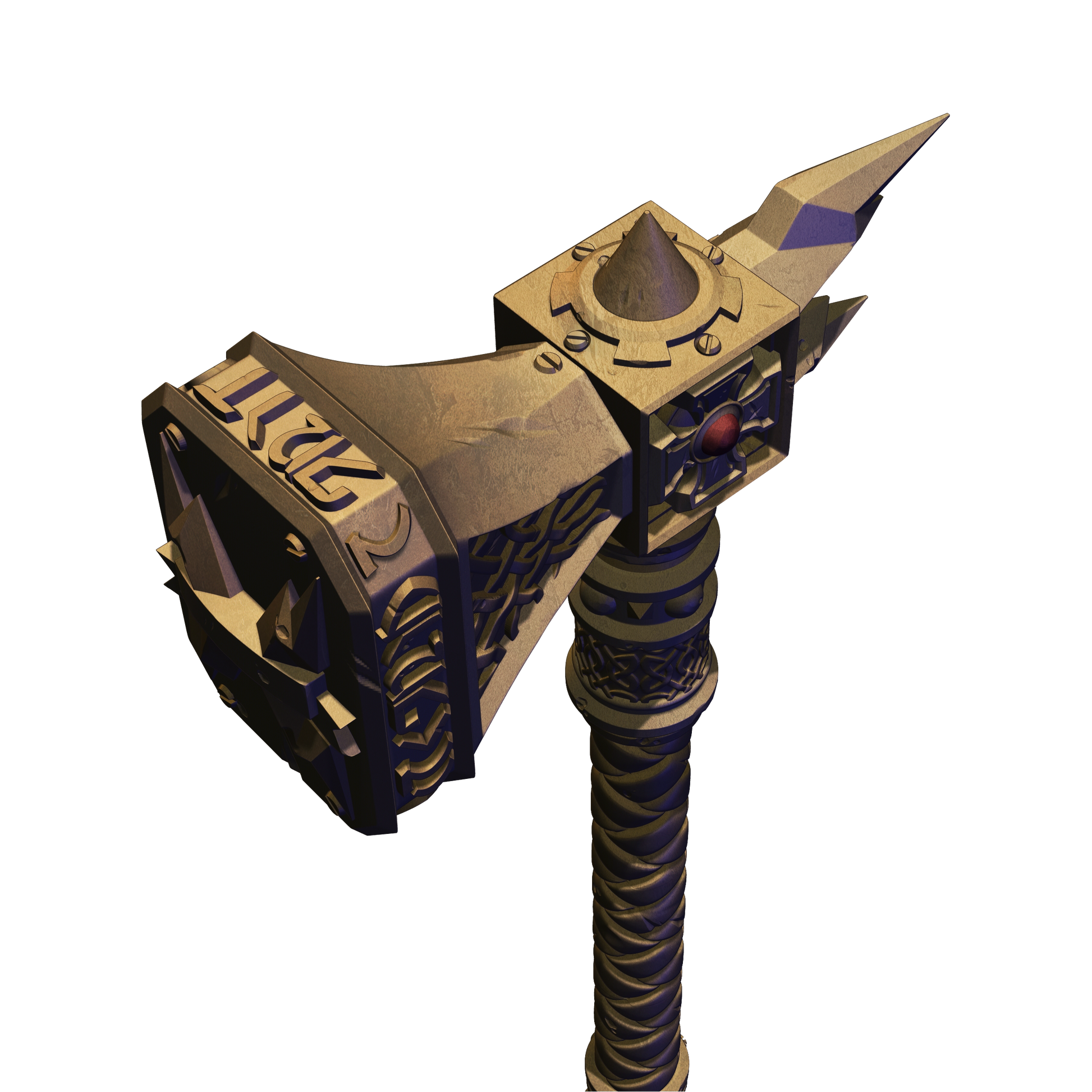 A 3D rendering of a large, ornate weapon with a pointed top and a curved handle. The weapon appears to be made of metal and has intricate designs and patterns on its surface.