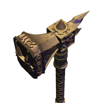 A 3D rendering of a large, ornate weapon with a pointed top and a curved handle. The weapon appears to be made of metal and has intricate designs and patterns on its surface.