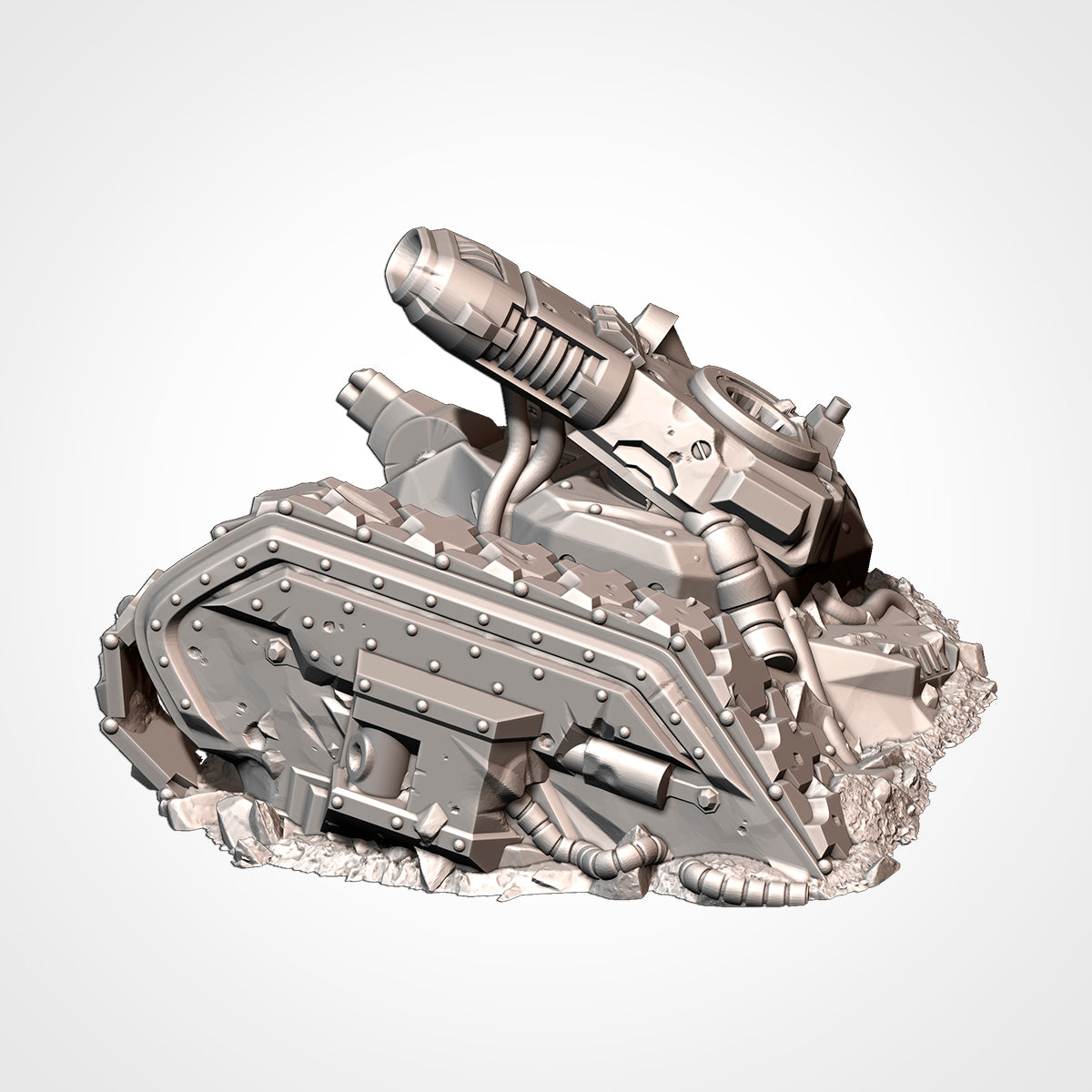 A 3D rendering of a futuristic-looking vehicle or machine with various mechanical components and a large, pointed weapon-like device attached to it.
