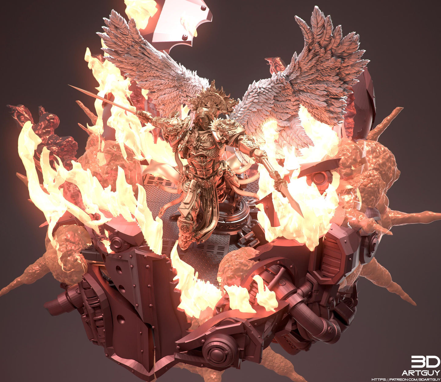 A 3D rendering of a winged armored figure wielding a sword amidst a chaotic explosion of flames and debris.