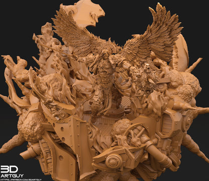 The image is a detailed 3D rendering of a complex, intricate sculpture featuring a central figure surrounded by various other elements, including mechanical components and organic forms.