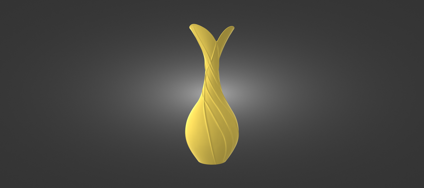 A 3D rendering of a tall, yellow vase with a unique, curved shape.