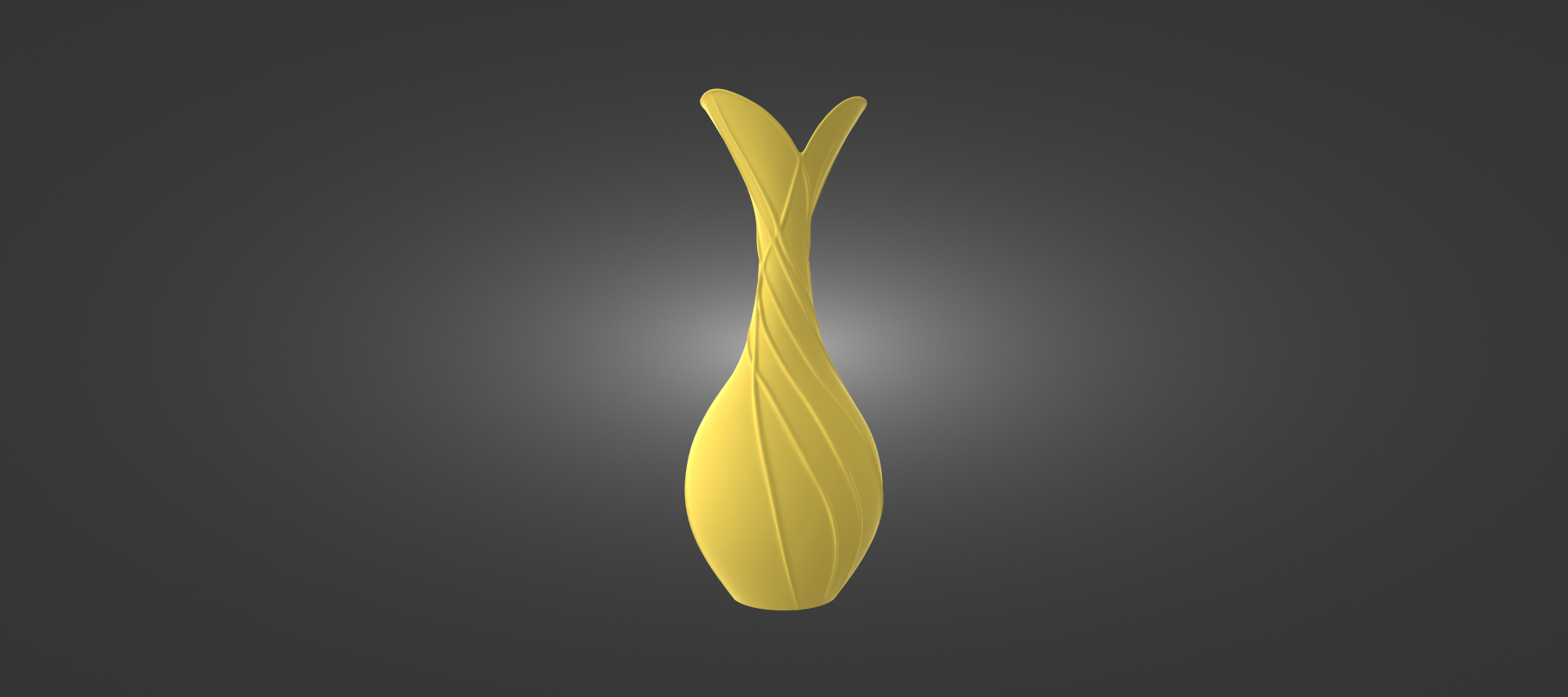 A 3D rendering of a tall, yellow vase with a unique, curved shape.