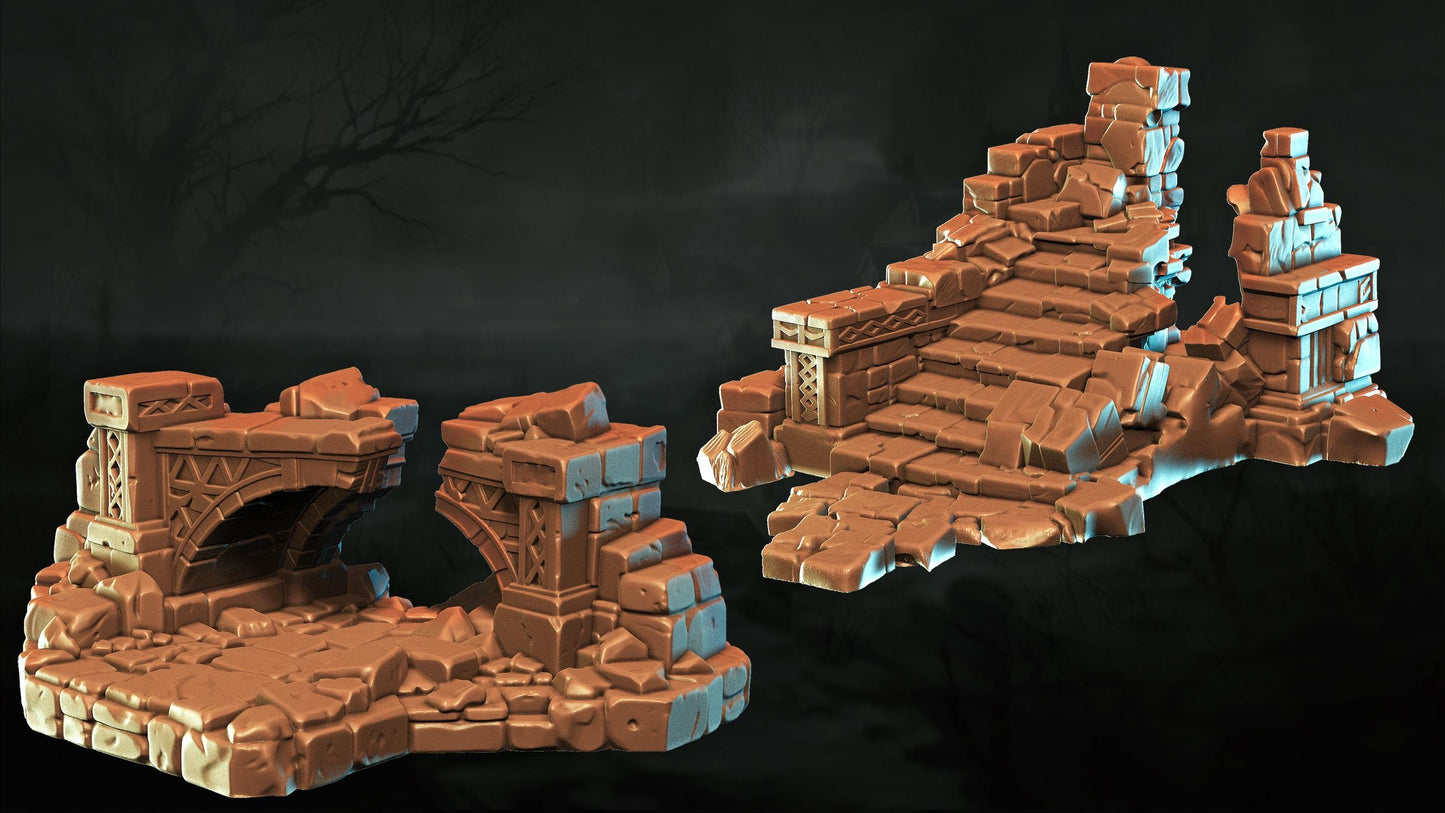 two 3D models of ruins or ruins, which appear to be made of stone or brick and are set against a dark background.