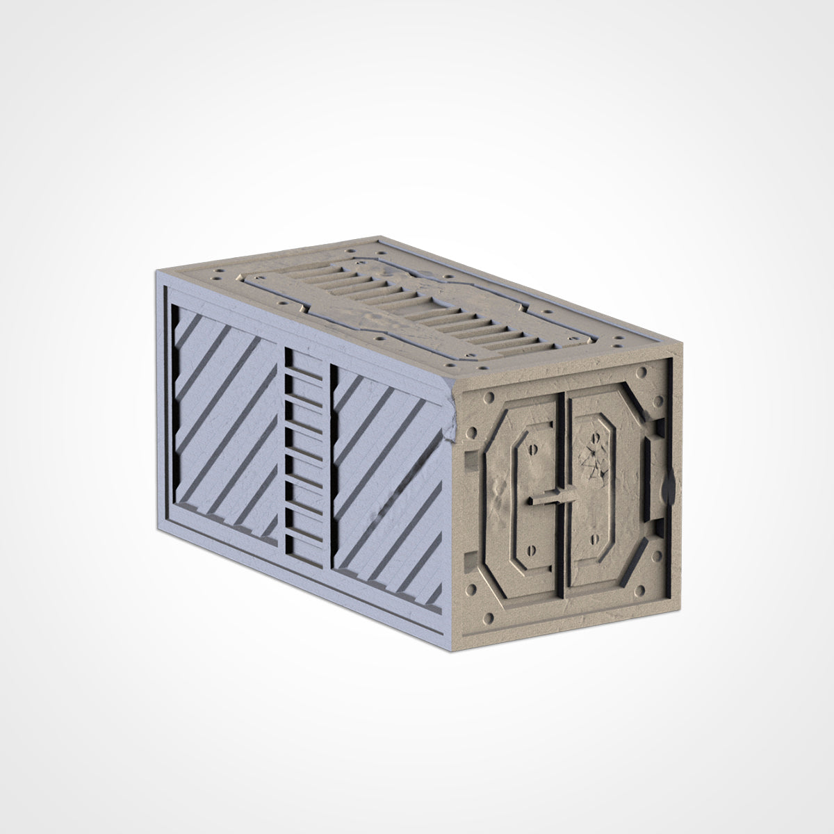 A 3D rendering of a metallic container with a lock and key mechanism, designed for secure storage or transportation.