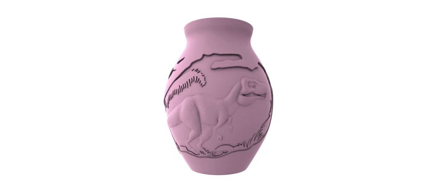 A pink ceramic vase with a dinosaur design on it.