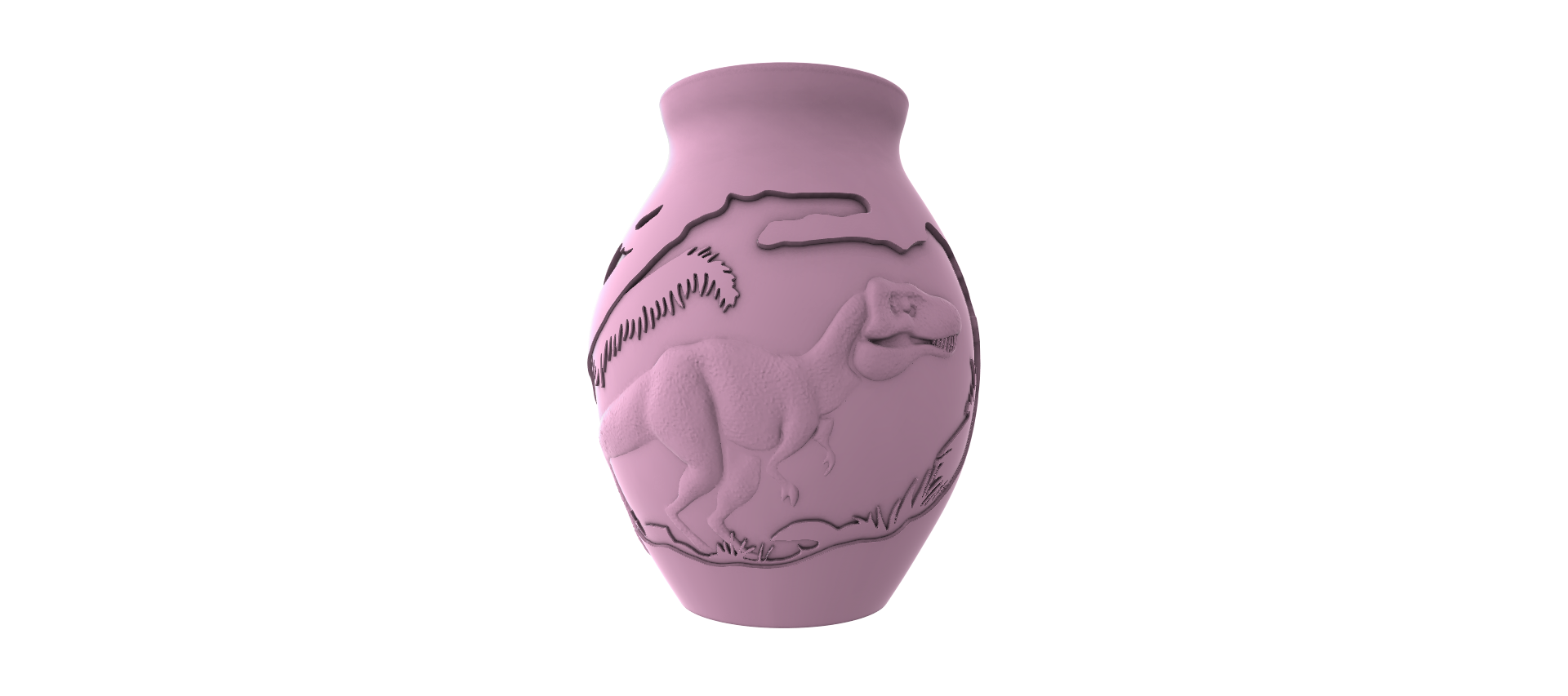 A pink ceramic vase with a dinosaur design on it.