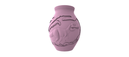 A pink ceramic vase with a dinosaur design on it.