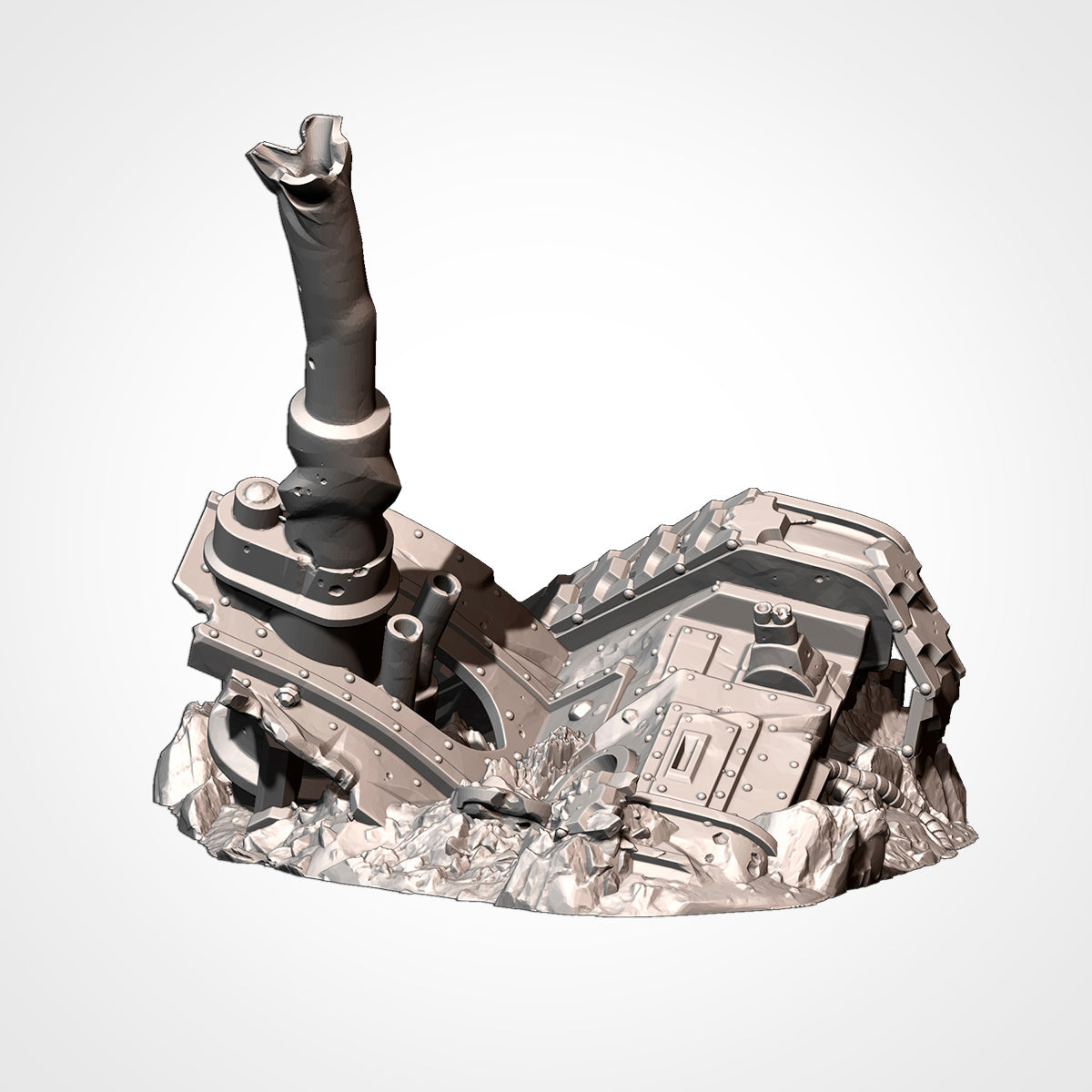 A 3D rendering of a damaged and chaotic structure, with various broken and disorganized elements.