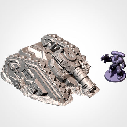 A 3D rendering of a damaged tank or armored vehicle, with a small figurine of a person standing next to it.