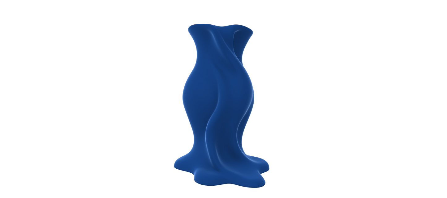 A blue, abstract sculpture with a flowing, organic shape stands alone against a black background.