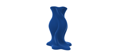 A blue, abstract sculpture with a flowing, organic shape stands alone against a black background.