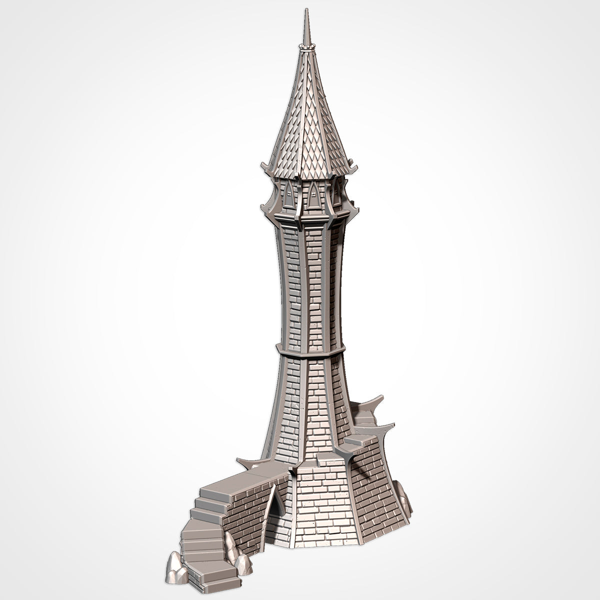 A 3D rendering of a tall, ornate tower with a pointed roof and a small staircase leading up to it.