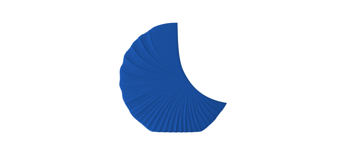 A blue, curved, and textured object resembling a leaf or a shell against a black background.