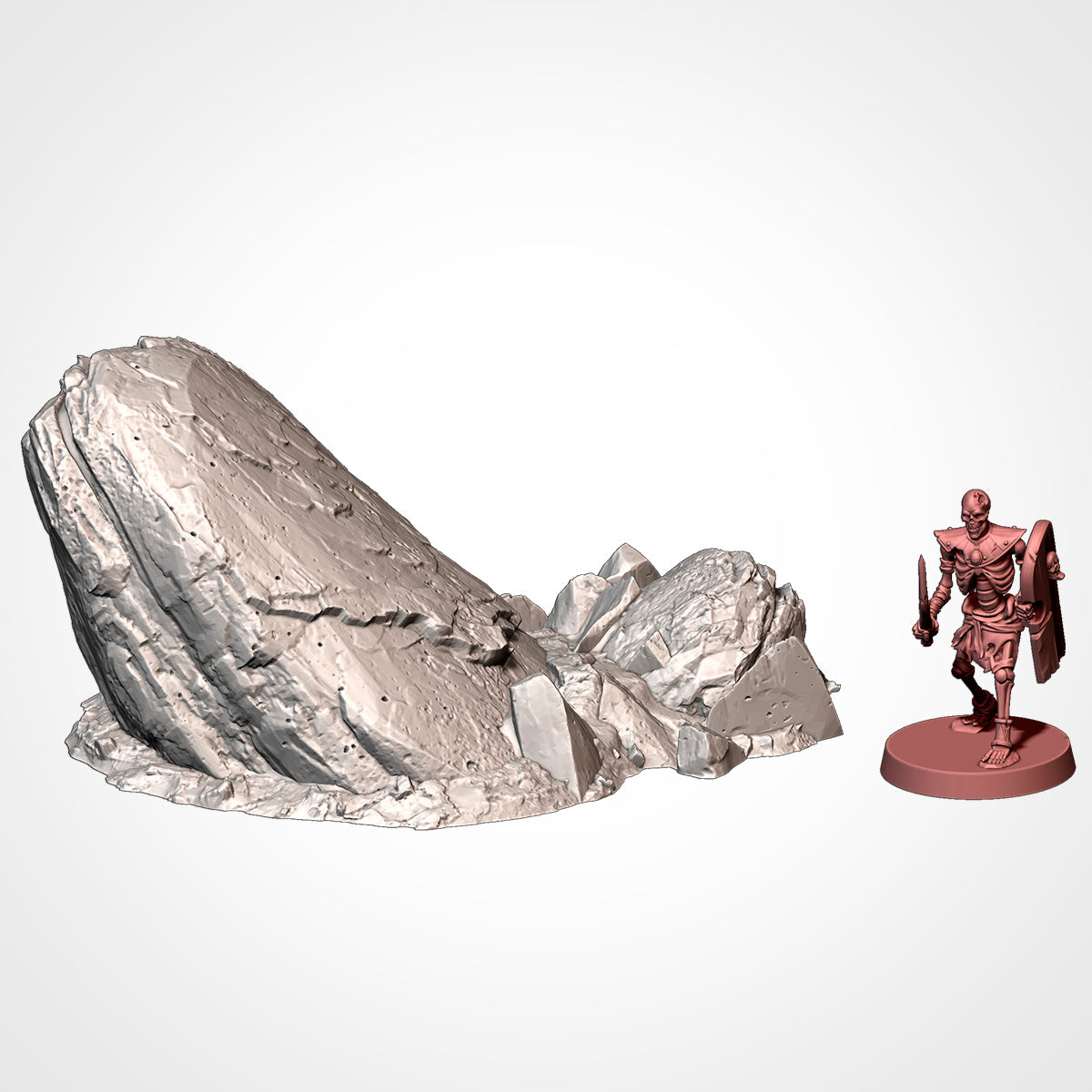 A 3D rendering of a large rock formation and a small figurine of a warrior standing next to it.