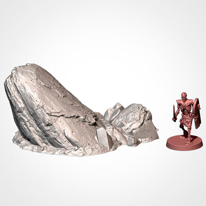 A 3D rendering of a large rock formation and a small figurine of a warrior standing next to it.