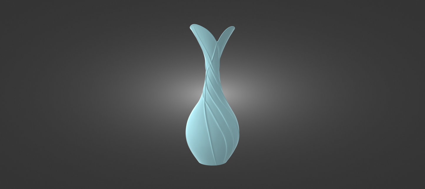 A light blue vase with a unique, abstract design stands out against a dark background.