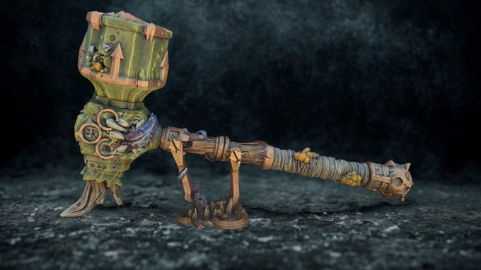 A detailed 3D rendering of a mechanical weapon with intricate designs and a wooden handle, set against a dark background.