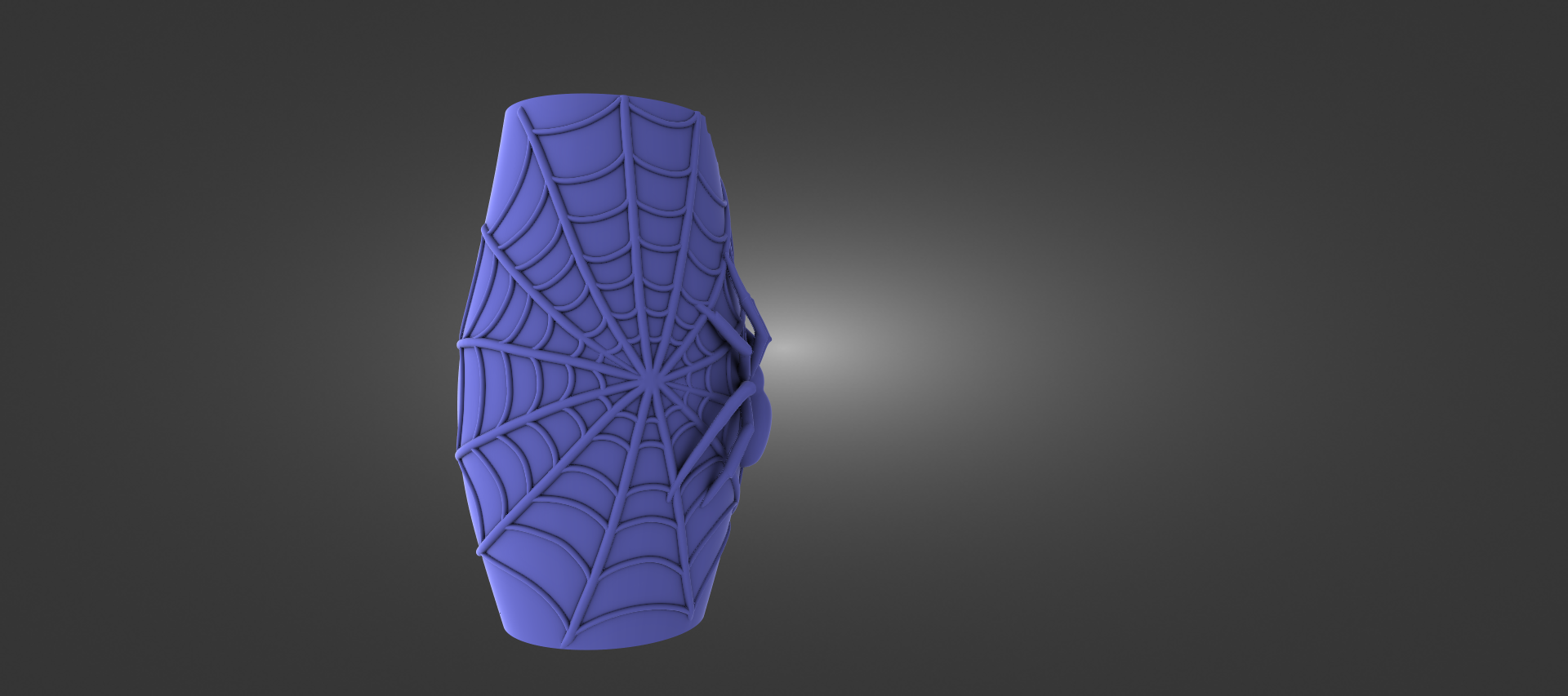 A 3D rendering of a purple, spider-like object with a web-like pattern on its surface, set against a dark background.