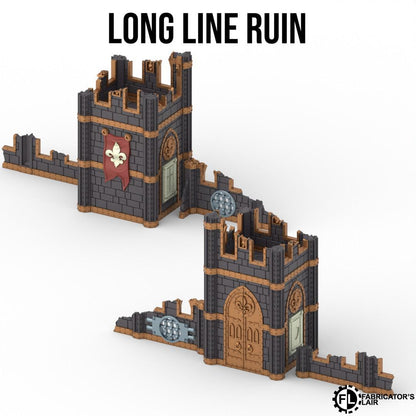 a castle-like structure with a long line of towers and battlements, suggesting a medieval or fantasy setting.