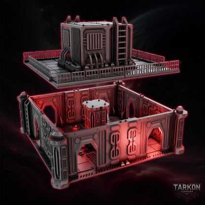 A 3D rendering of a futuristic, metallic structure with a red and black color scheme, featuring intricate geometric patterns and designs.