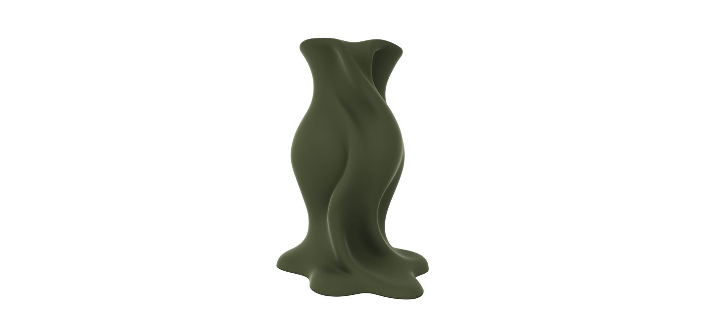 A green, abstract sculpture with a flowing, organic shape stands against a black background.