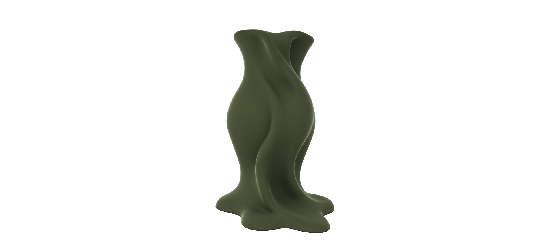 A green, abstract sculpture with a flowing, organic shape stands against a black background.