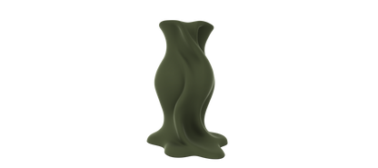 A green, abstract sculpture with a flowing, organic shape stands against a black background.
