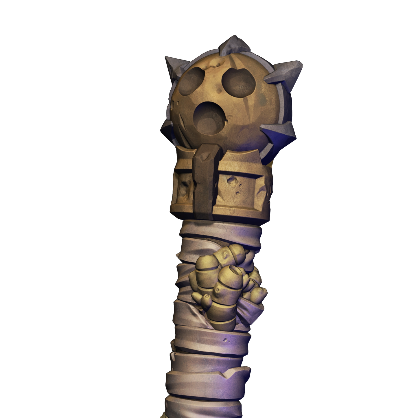 A 3D rendering of a stylized, abstract object with a spherical shape and spikes protruding from it.
