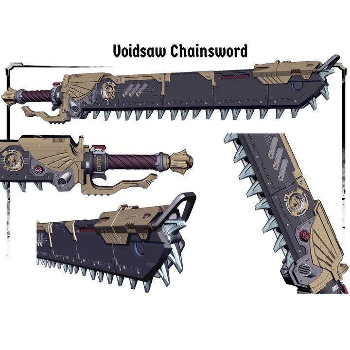 a large, futuristic-looking sword with multiple attachments, including a chain saw blade. The sword appears to be a technological weapon with advanced features and a sleek design.