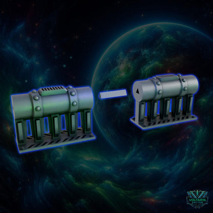 two metallic objects with a futuristic, space-themed background.