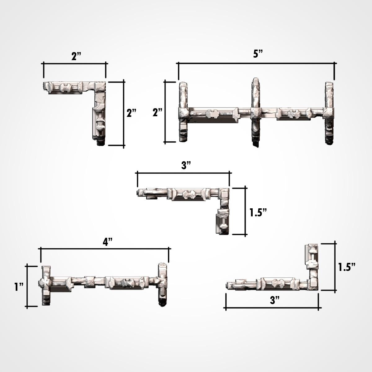 five different views of a metal object, each with its own dimensions and measurements. The object appears to be a long, curved piece of metal with various shapes and angles. The image does not contain any text or additional objects, and the measurements are provided in inches.