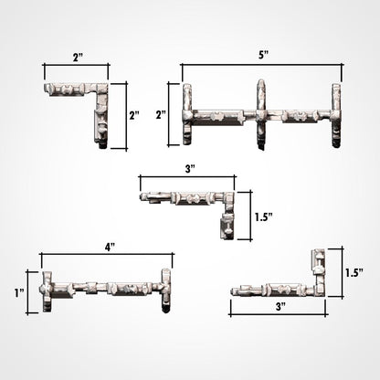 five different views of a metal object, each with its own dimensions and measurements. The object appears to be a long, curved piece of metal with various shapes and angles. The image does not contain any text or additional objects, and the measurements are provided in inches.