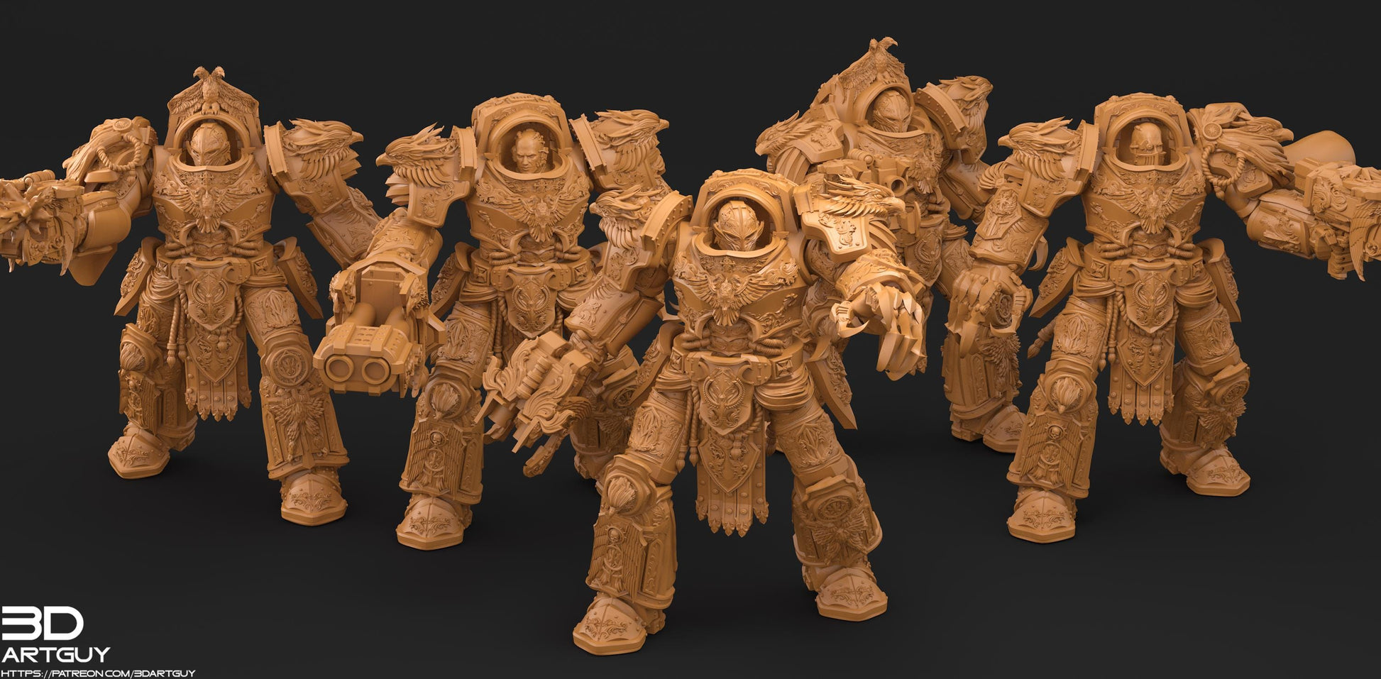 A group of detailed, intricately designed, and heavily armored robotic figures, likely representing characters from a science fiction or fantasy universe.