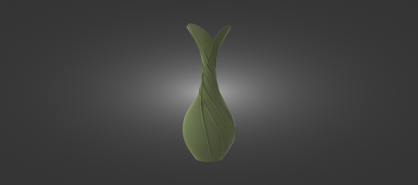 A green vase with a unique, organic shape stands against a dark background.