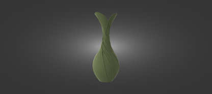A green vase with a unique, organic shape stands against a dark background.