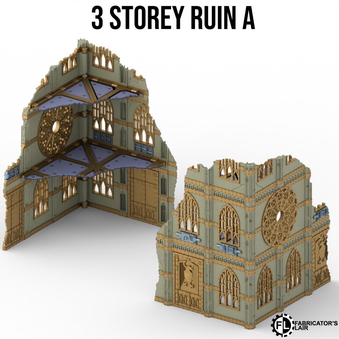 a 3-storey ruin, which is a detailed architectural model of a building. The ruins are made of wood and have intricate carvings and designs, giving them a historical and artistic appearance. The ruins are shown in two different angles, providing a comprehensive view of the structure.